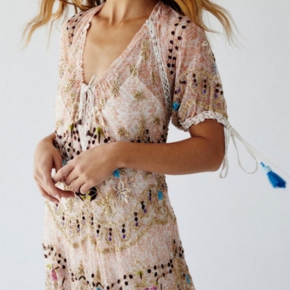 Free People Rosalie Beaded Embellished Maxi Sheer Floral Maxi Gown Dress Beaded